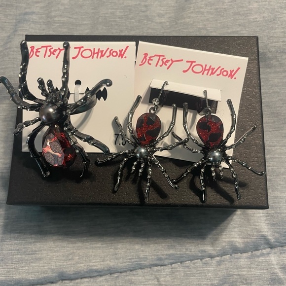 Betsey Johnson Jewelry - Red Spider Betsey Johnson Set of Ring and Earrings